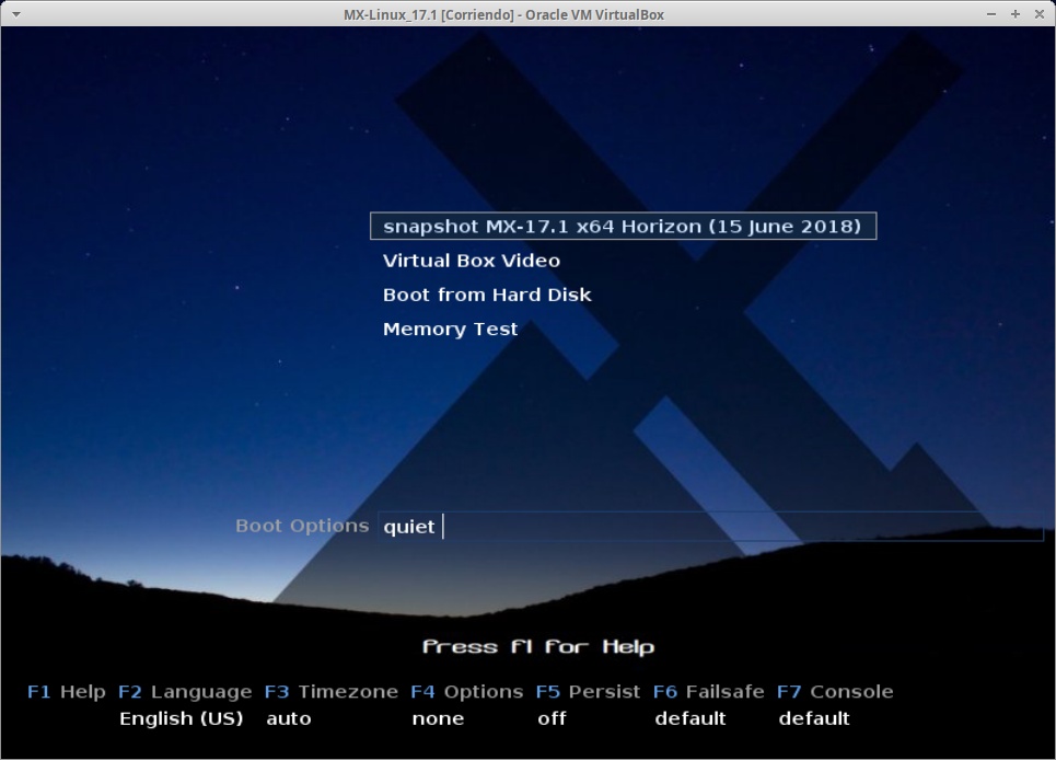 MX-Linux 17.1: Menú de inicio del DVD/USB Live