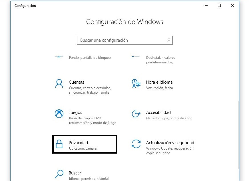 acceso configuracion de windows 10