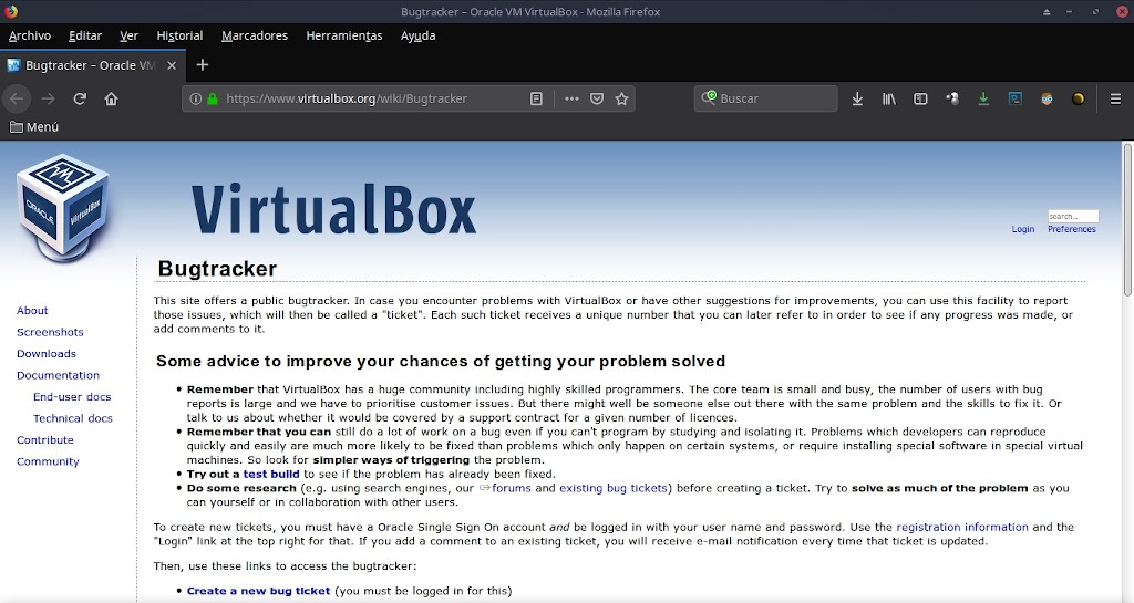 Virtualbox 6.0: Configuración - Ayuda - Seguimiento de Errores