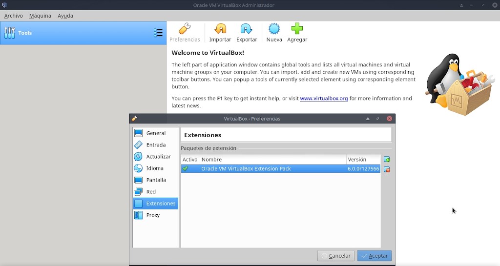 Virtualbox 6.0: Instalación Extemnsion Pack - Paso final común