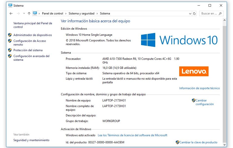 sistema panel de control windows 10