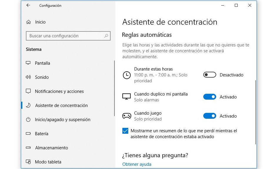 reglas automaticas asistente de concentracion windows 10